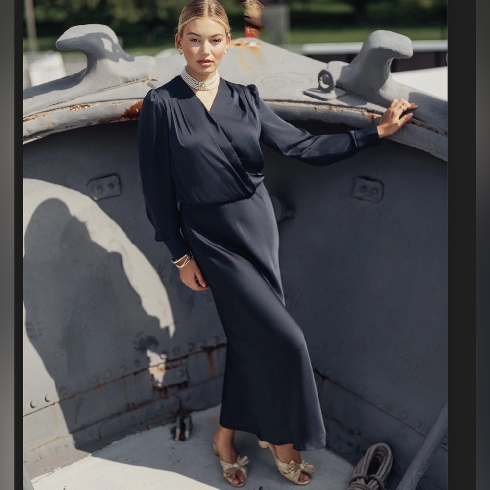 Ellie Makir navy drape maxi dress